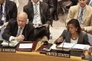 William Hague, right, U.K. Foreign Minister, and Susan Rice, U.S. Ambassador to the U.N., listens during a meeting on Syria in the United Nations Security Council on Thursday, Aug. 30, 2012. Turkey's foreign minister urged the Security Council on Thursday to set up a safe zone in Syria to protect thousands of civilians fleeing the civil war. (AP Photo/Bebeto Matthews)