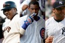 Your first-time-on-the-ballot 2012 Hall of Fame candidates, from left to right, Barry Bonds, Sammy Sosa, and Roger Clemens.