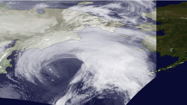 This image provided by the NOAA-19 satellite's AVHRR sensor, shows the storming bearing down on Alaska in this infrared imagery on Nov. 8, 2011 at 9 a.m. EST. The storm is predicted to bring hurricane