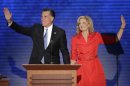 Ann Romney, waves with her husband Republican presidential nominee Mitt Romney during the Republican National Convention in Tampa, Fla., on Tuesday, Aug. 28, 2012. (AP Photo/J. Scott Applewhite)