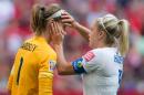 England's Steph Houghton, right, checks the eye of goalkeeper Karen Bardsley during second half against Canada in a quarterfinal of the Women's World Cup soccer tournament, Saturday, June 27, 2015, in Vancouver, British Columbia, Canada. Bardsley left the game and was replaced Siobhan Chamberlain. (Darryl Dyck/The Canadian Press via AP)