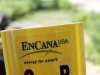 A yellow Encana natural gas pipeline marker is seen along a road on state forest park land in Kalkaska