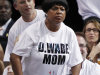 FILE - In this June 9, 2012, file photo, Jolinda Wade, Dwyane Wade's mother, watches during the first half of Game 7 of the NBA basketball playoffs Eastern Conference finals between the Miami Heat and the Boston Celtics, in Miami. The season started with 30 teams, got whittled down to 16 and now there are two _ the Miami Heat and Oklahoma City Thunder, set to begin the NBA finals on Tuesday night. (AP Photo/Lynne Sladky, File)