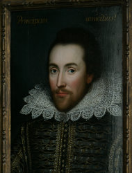 FILE - This is a Monday March 9, 2009 file of a then newly discovered portrait of William Shakespeare, presented by the Shakespeare Birthplace trust, is seen in central London, New research depicts William Shakespeare as a grain hoarder, moneylender and tax dodger who became a wealthy businessman during a time of famine.(AP Photo/Lefteris Pitarakis)