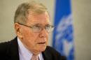 Chairperson of the UN Commission of Inquiry on Human Rights in North Korea, retired Australian judge Michael Kirby, talks to the press before the UN Human Rights Council on March 17, 2014 in Geneva