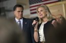 Mitt Romney watches his wife Ann Romney as she speaks during a campaign event at the Exhibit Edge building in Chantilly