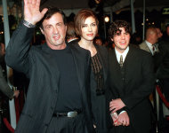 FILE - In this Dec. 5, 1996 file photo, Sylvester Stallone, left, star of the film "Daylight," arrives at the film's world premiere with his girlfriend Jennifer Flavin, center, and his son Sage Stallone, who co-stars in the film, in Hollywood district of Los Angeles. A publicist for Sylvester Stallone says the actor's son, Sage Stallone has died on Friday, July 13, 2012, at age 36. (AP Photo/Kevork Djansezian, File)