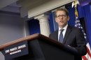 White House press secretary Jay Carney speaks during the daily briefing at the White House in Washington, Thursday, Aug. 1, 2013. Carney was asked about National Security Agency leaker Edward Snowden who left the transit zone of a Moscow airport and officially entered Russia after authorities granted him asylum for a year, his lawyer said. (AP Photo/Susan Walsh)
