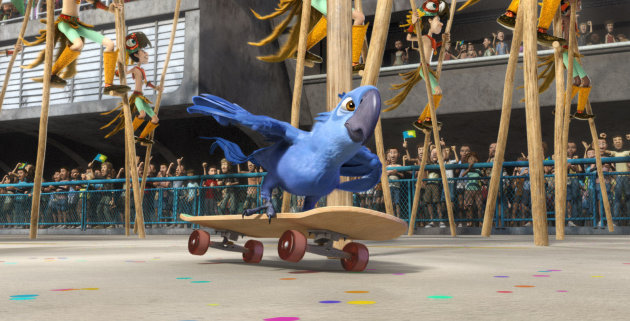 In this publicity image released by 20th Century Fox, the animated character Blu, voiced by Jesse Eisenberg, is shown in a scene from "Rio." The film was nominated Monday, Dec. 5, 2011, for best animated film at the Annie Awards. Presented by the International Animated Film Society, the Annie Awards will be handed out Feb. 4 at a ceremony in Los Angeles. (AP Photo/20th Century Fox)