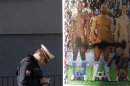Police officer stands next to poster with naked soccer players daubed with spray paint advertising art exhibition in Vienna