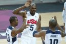 United States' Kevin Durant (5), Chris Paul (13) and Kobe Bryant (10) react during the first half of a preliminary men's basketball game against France at the 2012 Summer Olympics, Sunday, July 29, 2012, in London. The U.S. men beat France 98-71. (AP Photo/Jae C. Hong)