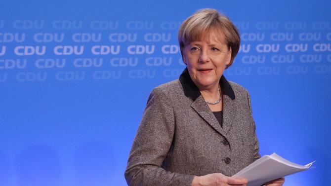 German Chancellor Angela Merkel attends a press conference after a conference with board members of her conservative Christian Democratic Union (CDU) party in Hamburg, northern Germany, on January 10, 2015