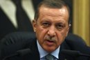 Turkey's Prime Minister Erdogan addresses media before his flight to Denmark for an official visit at Esenboga Airport in Ankara