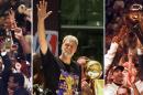 FILE - At left, in a June 13, 1997, file photo, Chicago Bulls coach Phil Jackson hoists the NBA Championship trophy aloft after the Bulls beat the Utah Jazz 90-86 in Game 6 of the NBA Finals. in Chicago. At center, in a June 21, 2000 file photo, Los Angeles Lakers head coach Phil Jackson waves to the crowd as the Lakers and thousands of their fans celebrate their NBA Championship in downtown Los Angeles. At right, in a June 16, 1996 file photo, Chicago Bulls coach Phil Jackson hoists the NBA championship trophy after the Bulls beat Seattle in Game 6 of the NBA Finals in Chicago. Carmelo Anthony says he has heard that 11-time NBA champion coach Phil Jackson will be "coming on board" in a leadership capacity with the New York Knicks, though cautioned that nothing is yet official. Anthony made the comments Wednesday, March 12, 2014, to reporters in Boston, where the Knicks are playing the Celtics. (AP Photo/File)