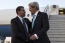 U.S. Ambassador to Israel Shapiro greets U.S. Secretary of State Kerry after Kerry landed at Ben Gurion airport near Tel Aviv
