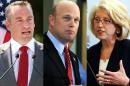 FILE - In this combination of file photos are U.S. Senate candidates, from left: Shane Osborn, Nebraska; Matt Whitaker, Iowa, and Terri Lynn Land, Michigan. Having watched several promising campaigns collapse in 2012 after candidates made catastrophic mistakes, Osborn, Whitaker and Land are three contenders summoned by national Republican leaders to a first-of-a-kind training at the GOP's Senate campaign headquarters in Washington, to learn in part, what not to say and how not to say it. (AP Photo/File)