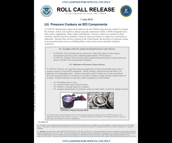 This Homeland Security Department pamphlet, from July 2010, distributed to police, fore, EMS and security personnel shows a diagram for rudimentary improvised explosive devices (IEDs) using pressure cookers to contain the initiator, switch and explosive charge. A person briefed on the Boston Marathon investigation says the explosives were in 6-liter pressure cookers and placed in black duffel bags. (AP Photo/Homeland Security Department)