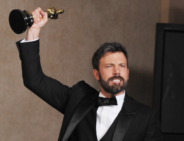 Ben Affleck poses with his award for best picture for "Argo" during at the Oscars at the Dolby Theatre on Sunday Feb. 24, 2013, in Los Angeles. (Photo by John Shearer/Invision/AP)