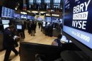 The trading symbol for Blackberry is seen on a screen on the floor at the New York Stock Exchange