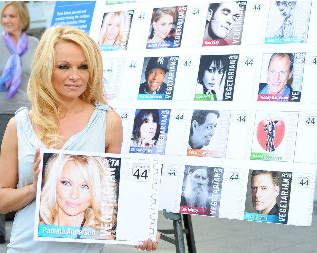 PETA Goes Postal: Bob Barker and Pamela Anderson Unveil Vegetarian Icons Postage Sheet