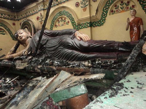 The violence was sparked by claims that a young Buddhist man had posted a photo allegedly defaming the Koran on Facebook