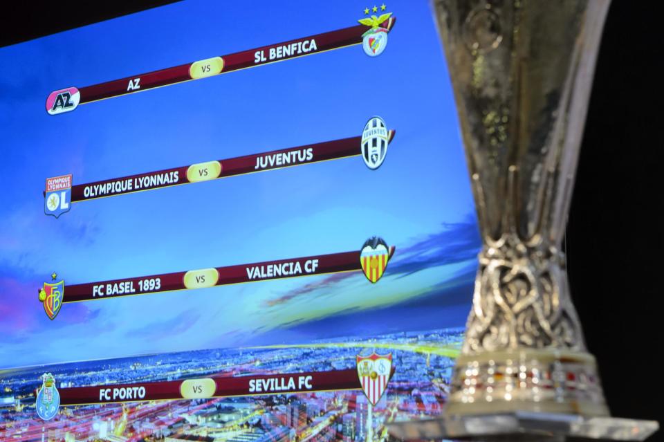 The match fixtures are shown on an electronic panel following the draw of the quarterfinals of UEFA Europa League 2013/14 at the UEFA Headquarters in Nyon, Switzerland, Friday, March 21, 2014