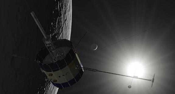 An artist's illustration of NASA's 36-year-old ISEE-3 spacecraft near the moon. The private ISEE-3 Reboot Project aims to restart the vintage probe to perform new science in space.
