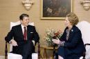 US President Ronald Reagan (L) holds bilateral meeting with British Prime Minister Margaret Thatcher (R) at the Waldorf Astoria Hotel, on October 23, 1985