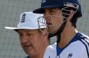A picture dated November 13, 2012 shows England cricket captain Alastair Cook (R) speaking with former cricketer Graham Gooch during a training session at The Sardar Patel Stadium at Motera in Ahmedabad