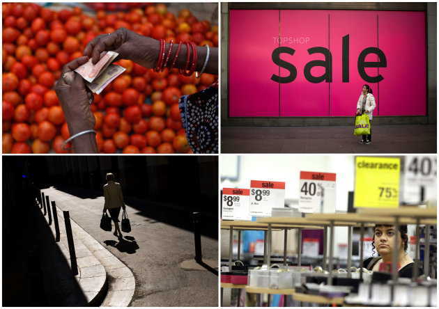 This combination of Associated Press file photos from 2012-2013 shows from top left, a vegetable vendor counting rupees at a market in Allahabad, India, a shopper standing by a sale sign in London, a woman carrying bags with food in Barcelona, and a shopper browsing at a Sears store in Henderson, Nevada. An Associated Press analysis of households in the 10 biggest economies released on Oct. 6, 2013, shows that families continue to spend cautiously in the five years since the U.S. investment bank Lehman Brothers collapsed, triggering a global financial crisis. (AP Photo/File)