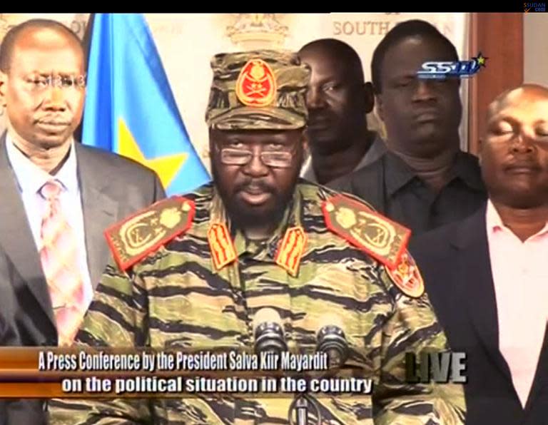 An image grab taken from South Sudan TV and uploaded to YouTube on December 16, 2013 shows South Sudan&#39;s President Salva Kiir addressing the nation in Juba to denounce an attempted coup