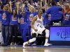 Oklahoma City Thunder guard Russell Westbrook (0) reacts after hitting a basket against the Los Angeles Lakers in the third quarter of Game 5 in their NBA basketball Western Conference semifinal playoff series, Monday, May 21, 2012, in Oklahoma City. (AP Photo/Sue Ogrocki)