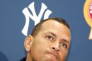 New York Yankees' Alex Rodriguez answers questions from the media at a news conference following a Class AA baseball game with the Trenton Thunder against the Reading Phillies, Friday, Aug. 2, 2013, in Trenton, N.J. (AP Photo/Tom Mihalek)