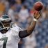 Philadelphia Eagles quarterback Michael Vick (7) throws during warm ups prior to facing the New England Patriots in an NFL preseason football game in Foxborough, Mass., Monday, Aug. 20, 2012.(AP Photo/Charles Krupa)