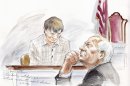 A witness is seen in this courtroom sketch as he testifies in the child sex abuse trial of former Penn State University football coach Sandusky in Bellefonte, Pennsylvania