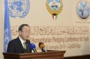 U.N. Secretary-General Ban speaks to the media after the first day of the "International Humanitarian Pledging Conference for Syria" in Bayan Palace, Kuwait