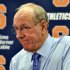 Syracuse head coach Jim Boeheim answers questions during a news conference after Syracuse defeated Eastern Michigan 84-48 in an NCAA college basketball game, Tuesday, Nov. 29, 2011, in Syracuse, N.Y. (AP Photo/Kevin Rivoli)