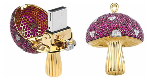 The mushroom-shaped flash drives are covered in sapphires, rubies, emeralds, and diamonds