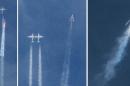 This three image combo photo shows the Virgin Galactic SpaceShipTwo rocket separating from the carrier aircraft, left, prior to it exploding in the air, right, during a test flight on Friday, Oct. 31, 2014. The Virgin Galactic rocket that exploded during a test flight, killed a pilot aboard and seriously injured another while scattering wreckage in Southern California's Mojave Desert, witnesses and officials said. (AP Photo/Kenneth Brown)