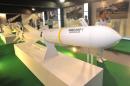 A US-made Harpoon ship-to-ship missile is displayed at the Taipei World Trade Centre, on August 10, 2011