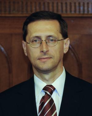 Mihaly Varga, then the state secretary of the cabinet, attends a press conference in Budapest, on May 3, 2010