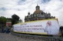 A banner greeting Pope Francis is displayed in the Basilica de Guadalupe complex where he is due to hold a mass in Mexico City on February 10, 2016