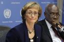 FILE - In this Thursday, Dec. 17, 2015 file photo, Judge Marie Deschamps, left, of Canada, chair of the Independent Review Panel on U.N. Response to Allegations of Sexual Abuse by Foreign Military Forces in the Central African Republic, is joined by panel member Hassan Jallow at a news conference at the United Nations. On Wednesday, March 30, 2016, a U.S.-based advocacy group says 98 girls in Central African Republic have reported that they were sexually abused by international peacekeepers and that three girls told U.N. staff they were tied up, undressed and forced to have sex with a dog by a French military commander in 2014. (AP Photo/Richard Drew)