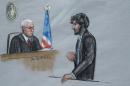 In this courtroom sketch, Boston Marathon bomber Dzhokhar Tsarnaev, right, stands before U.S. District Judge George O'Toole Jr. as he addresses the court during his sentencing, Wednesday, June 24, 2015, in federal court in Boston. Tsarnaev apologized to the victims and their loved ones for the first time Wednesday just before the judge formally sentenced him to death. (Jane Flavell Collins via AP)