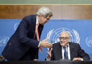 US Secretary of State John Kerry (L) shakes hand with United Nations-Arab League special envoy for Syria, Lakhdar Brahimi at the end of a press conference at the UN headquarters in Geneva on September 13, 2013, where they meet for high-stakes talks on Syria's chemical weapons