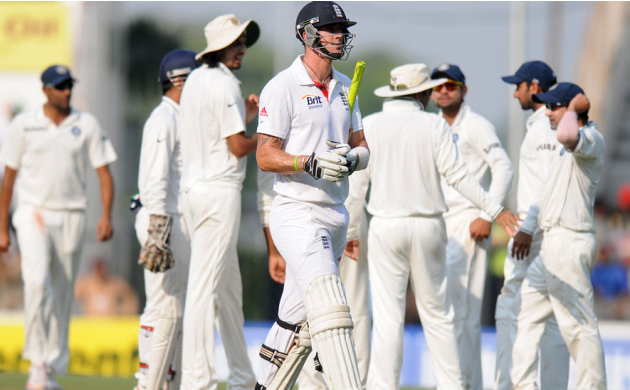 Kevin Pietersen walks back after being dismissed on Day 4 of the fourth cricket Test between India and England at the Jamtha Stadium in Nagpur, Sunday, December 16, 2012. (c) BCCI