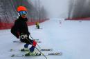 Former musician Vanessa-Mae, who will compete for Thailand as alpine skier Vanessa Vanakorn stands on the alpine skiing training slopes at the Sochi 2014 Winter Olympics, Monday, Feb. 17, 2014, in Krasnaya Polyana, Russia. (AP Photo/Alessandro Trovati)