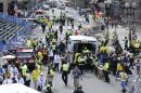 FILE - This April 15, 2013 file photo shows medical workers aid injured people following an explosion at the finish line of the 2013 Boston Marathon in Boston. In the days after the Boston Marathon bombing, the nation's political leaders pledged resources and support for a city grappling with the first terrorist attack on American soil since Sept. 11, 2001. But nearly a year after homemade bombs ripped through the marathon's finish line, there is little evidence of any lasting impact on the political world. Federal funding that helps cities prepare for terrorism may be cut. And state and federal officials have enacted virtually no policy changes in response to the attack, a dramatic departure from previous acts of terrorism that prompted a wave of government action. (AP Photo/Charles Krupa, File)