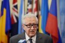 A picture taken on May 13, 2014 shows Lakhdar Brahimi, former United Nations and Arab League Special Envoy to Syria, speaking to the media at the end of a meeting with the Security Council at the UN headquarters in New York