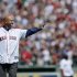 Former Boston Red Sox manager Francona gestures to the crowd during a pre-game ceremony in Boston, Massachusetts